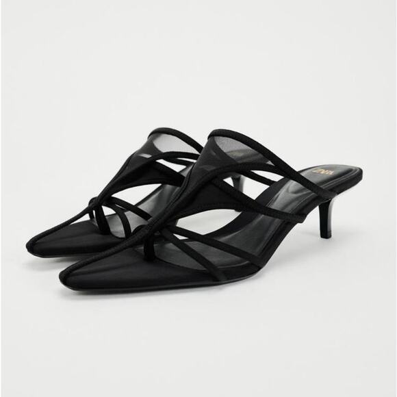 ZARA NWOT/NWOB Black Mesh Strappy Kitten Heels Sandals Size EU 40 (US 9) Minimal - Picture 1 of 12